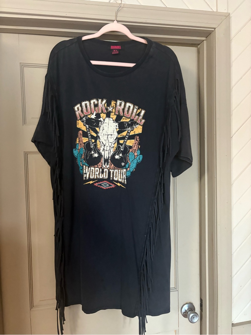 Black Rock & Roll Graphic Fringe Midi Dress